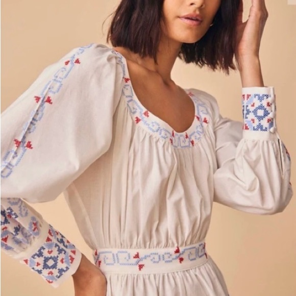 HUNTER BELL Ellie Dress White with Blue Embroidery - Picture 2 of 6